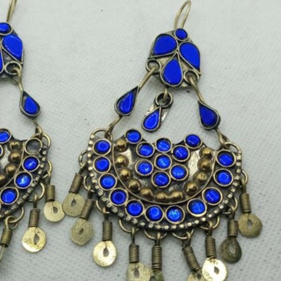 Glass Stones Kuchi Earrings With Dangling Tassels, Tribal Dangle Earrings - Picture 4 of 7